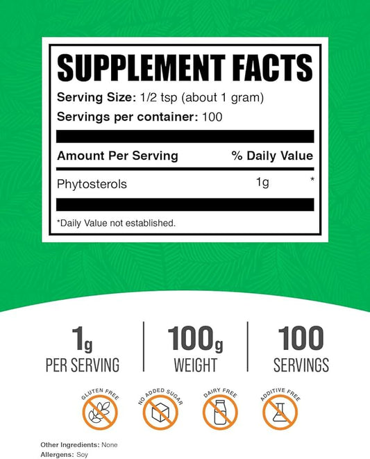 BulkSupplements.com Phytosterols Powder - Phytosterols Supplement, Beta Sitosterol Supplement - Sourced from Soy, Gluten Free, 1g per Serving, 100g (3.5 oz) (Pack of 1)