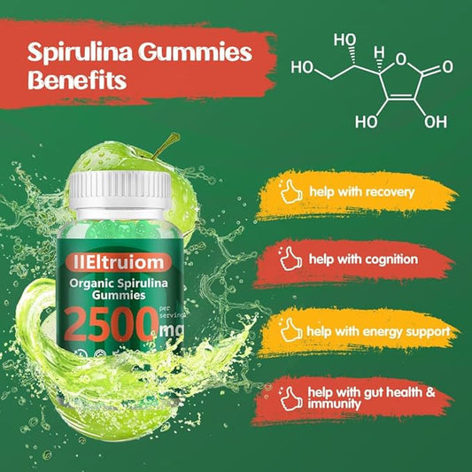 Spirulina Gummies, Organic Spirulina 2500mg Enhanced Daily Energy - Your Daily Super Greens with Sea Moss, Chlorophyll, GLA, Non-GMO, Gluten Free, 120 Vegan Gummies
