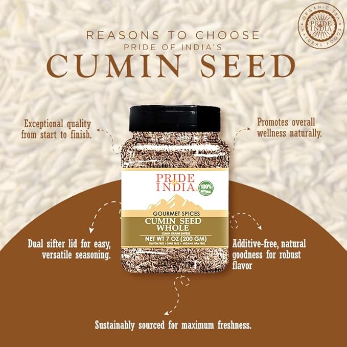 Pride of India - PACK of 6 - Cumin Seed Whole – Gourmet Indian Spice – Excellent for Culinary Uses – Fresh and Quality Seeds – Adds Flavor & Aroma - Easy to Store – 8 oz. Medium Dual Sifter Bottle