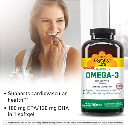Country Life Omega-3 Fish Oil Supplement, 1000mg, 180mg EPA & 120mg DHA, Fish Oil Concentrate, Burpless, 300 Softgels, Certified Gluten Free
