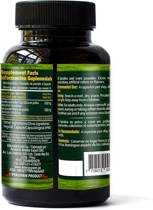 AMAZON ANDES HEALTHY · SUSTAINABLE · FAIR Spirulin and Noni Capsules - Food with High Nutritional Content and Increases Resistance - | 120 Pills - Vegan Capsules - Non GMO - Gluten Free