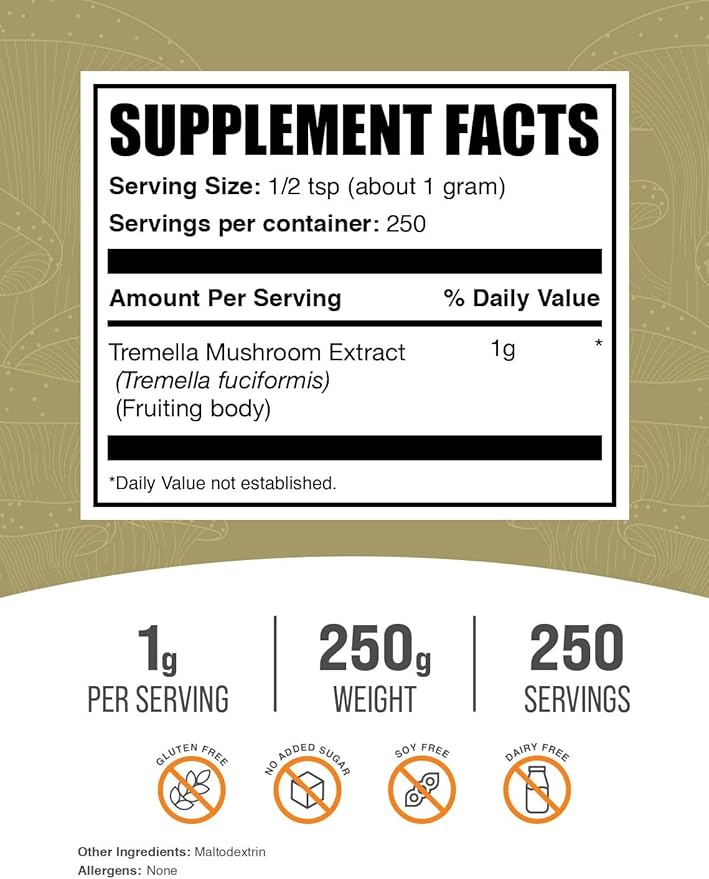 BulkSupplements.com Tremella Mushroom Extract - Tremella Fuciformis Extract, Mushroom Supplement - Vegan & Gluten Free, 1g per Serving, 250g (8.8 oz) (Pack of 1)