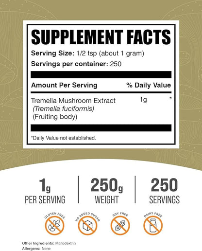 BulkSupplements.com Tremella Mushroom Extract - Tremella Fuciformis Extract, Mushroom Supplement - Vegan & Gluten Free, 1g per Serving, 250g (8.8 oz) (Pack of 1)