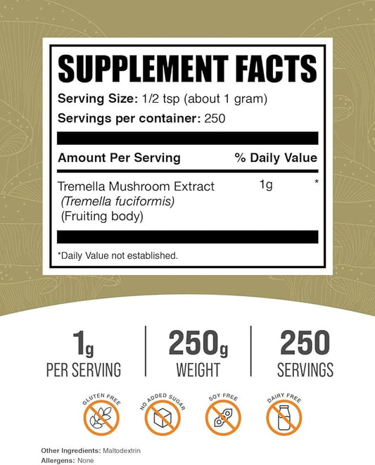 BulkSupplements.com Tremella Mushroom Extract - Tremella Fuciformis Extract, Mushroom Supplement - Vegan & Gluten Free, 1g per Serving, 250g (8.8 oz) (Pack of 1)