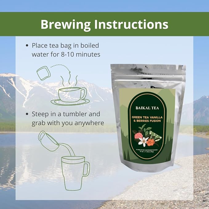 Baikal Tea Green Tea Vanilla & Berries Fusion – Antioxidant-Rich Herbal Blend with Sea Buckthorn, Lime and Mint – Fruity & Smooth Flavor, Caffeine Boost – 100% Natural 30 Tea Bags