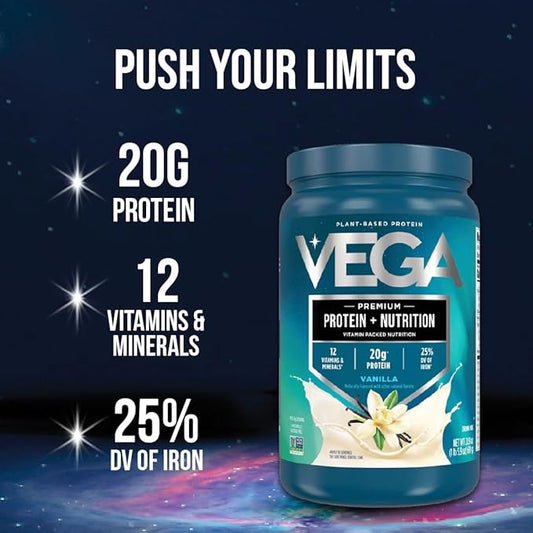 Vega Protein + Nutrition - 20g Plant-Based Pea Protein, Vanilla, 30 Servings, Vegan Keto Superfood, Antioxidant-Rich, Gluten Free, Dairy Free, Low Carb, 2.3lbs (Packaging May Vary)