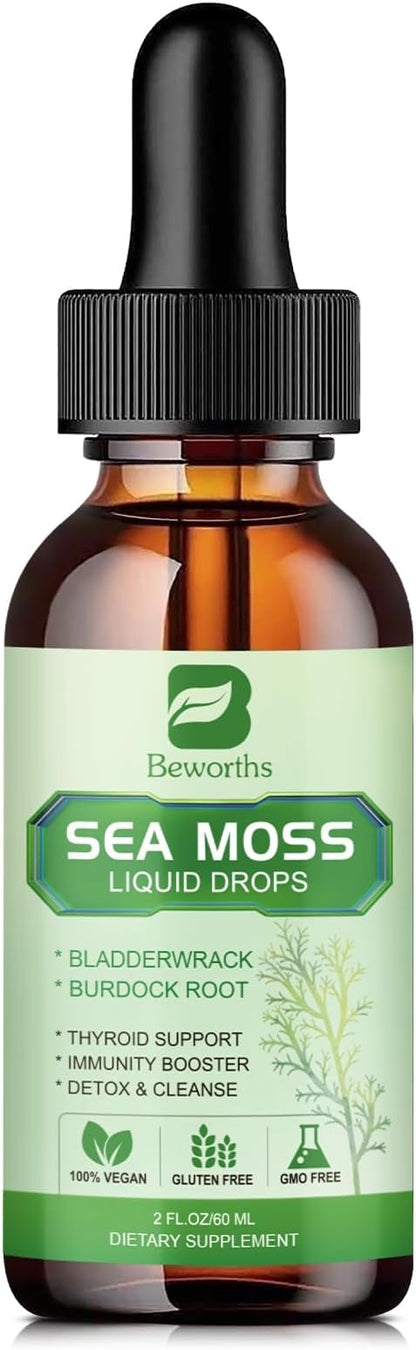Sea Moss Liquid Drops - Organic Irish Sea Moss Gel with Spirulina, Bladderwrack, Burdock Root, Seamoss Gel Supplement for Joint, Detox Cleanse & Digestion Support - 2 Fl Oz, Vegan