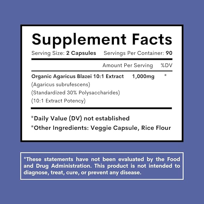 Agaricus Blazei Organic Mushroom Extract for Immune & Energy Support - 30% Polysaccharides & 180 Veggie Capsules - Non-GMO, Gluten-Free, Vegan-Friendly Supplement