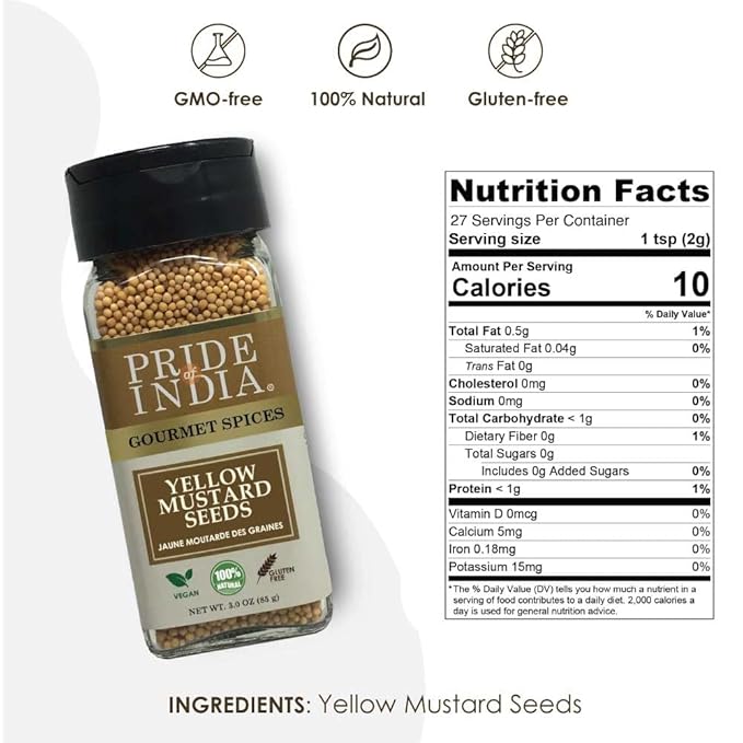 Pride of India – Yellow Mustard Seed Whole – Pungent & Aromatic – Gourmet Indian Spice – Add in Salads/Dressings/Chicken/Meat/Pickles – Easy to Use – 2.8 oz. Small Dual Sifter Bottle