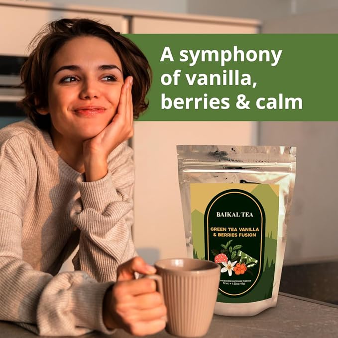 Baikal Tea Green Tea Vanilla & Berries Fusion – Antioxidant-Rich Herbal Blend with Sea Buckthorn, Lime and Mint – Fruity & Smooth Flavor, Caffeine Boost – 100% Natural 30 Tea Bags
