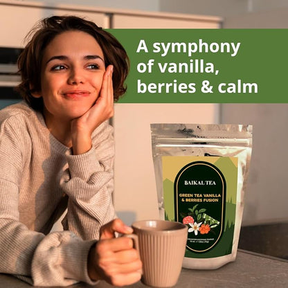 Baikal Tea Green Tea Vanilla & Berries Fusion – Antioxidant-Rich Herbal Blend with Sea Buckthorn, Lime and Mint – Fruity & Smooth Flavor, Caffeine Boost – 100% Natural 30 Tea Bags