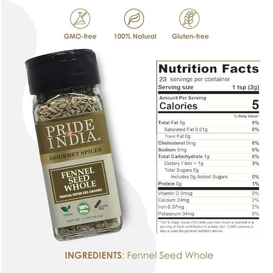 Pride of India – Fennel Seed Whole – Gourmet Spice – Fresh & Aromatic – Mouth Freshener – GMO/Gluten Free – Flavoring for bakes, meat & more – Easy to Use – 1.7 oz. Small Dual Sifter Bottle