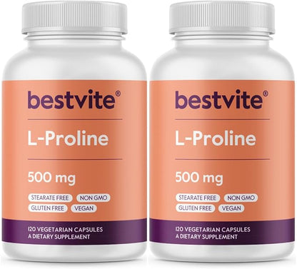 BESTVITE L-Proline 500mg (240 Vegetarian Capsules) (120 x 2) - No Stearates - No Fillers - Vegan - Gluten Free - Non GMO