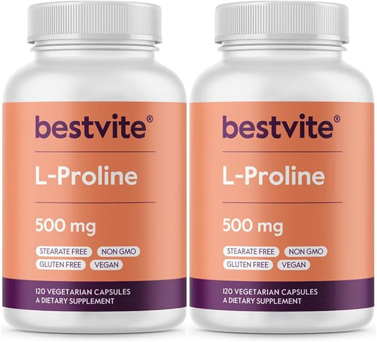 BESTVITE L-Proline 500mg (240 Vegetarian Capsules) (120 x 2) - No Stearates - No Fillers - Vegan - Gluten Free - Non GMO