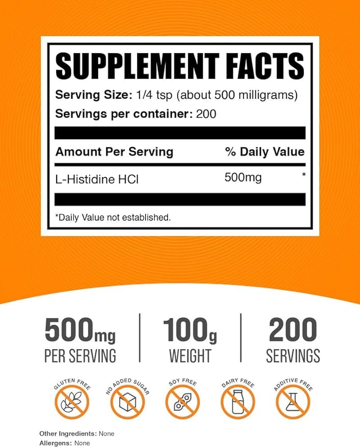 BulkSupplements.com L-Histidine HCl Powder - L-Histidine Supplement - Essential Amino Acid, Gluten Free, 500mg per Serving, 100g (3.5 oz) (Pack of 1)