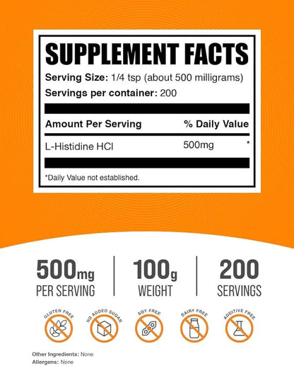 BulkSupplements.com L-Histidine HCl Powder - L-Histidine Supplement - Essential Amino Acid, Gluten Free, 500mg per Serving, 100g (3.5 oz) (Pack of 1)