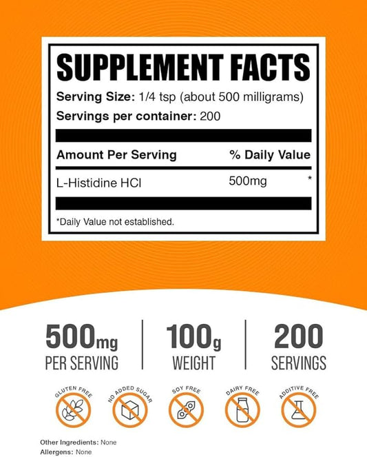BulkSupplements.com L-Histidine HCl Powder - L-Histidine Supplement - Essential Amino Acid, Gluten Free, 500mg per Serving, 100g (3.5 oz) (Pack of 1)