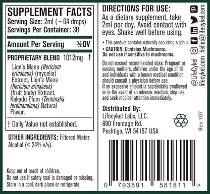 Lifecykel - Lion's Mane Mushroom Extract with Kakadu Plum - Brain Booster Nootropic for Memory, Focus & REM Sleep - Non-GMO, Organic Mushroom Tincture - 4 Fl Oz (60 Servings)