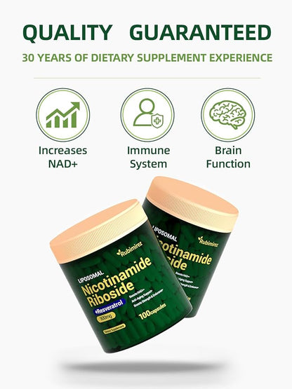 NAD+ Supplement with, Nicotinamide Riboside & Resveratrol 900mg – Anti-Aging Support for Women & Men, NMN Alternative, Vegan Non-GMO - 100 Capsules