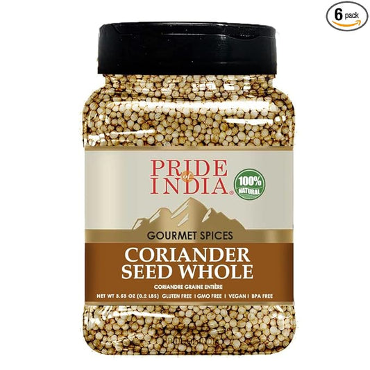 Pride of India - PACK of 6 - Coriander Seed Whole – Fresh & Gourmet Indian Whole Spice – Good for Curries/Meat/Chicken – Easy to Store – 4 oz. Medium Dual Sifter