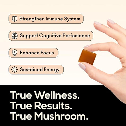 TrueMushroom - Immunity, Focus & Memory, Energy Mushroom Gummies with Lion’s Mane, Cordyceps, Reishi, Shiitake All-Natural Supplement with Ginger & Turmeric. Ginger Mango Flavor (60 Count)