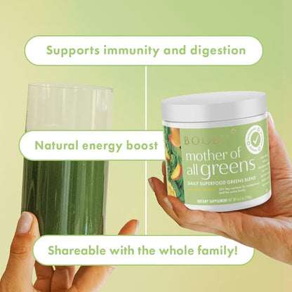 Boobie Mother of All Greens | Your New Family Ritual, Daily Super Greens Powder with 35+ Essential Nutrients for Moms & Families | Vegan, Gluten Free, & Sugar Free | Mango Flavor, 30 svgs