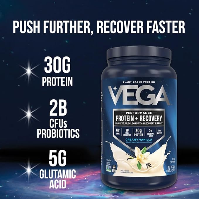 Vega Sport Vegan Protein Powder + Recovery - 30g Plant Based Protein per Serving, Berry, 45 Servings, 5g BCAAs, Probiotics, NSF Certified, For Shakes & Smoothies, 4.2lbs (Packaging May Vary)