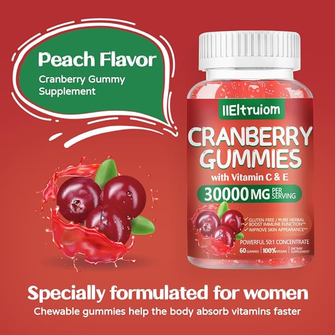 Cranberry Gummies Urinary Tract Health for Women & Men, 50X Concentrate Extrac, Vitamin C & E, Cranberry Gummies for Women with Hibiscus to Support Immune, 120 Counts