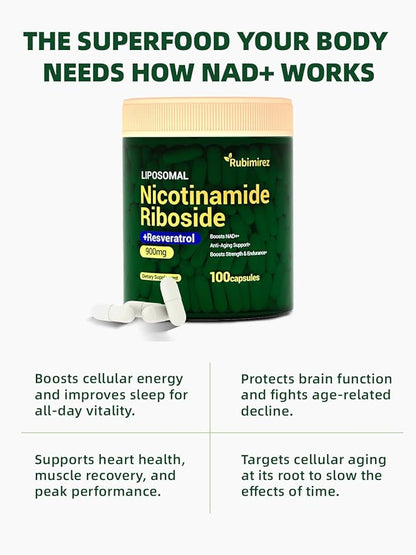 NAD+ Supplement with, Nicotinamide Riboside & Resveratrol 900mg – Anti-Aging Support for Women & Men, NMN Alternative, Vegan Non-GMO - 100 Capsules
