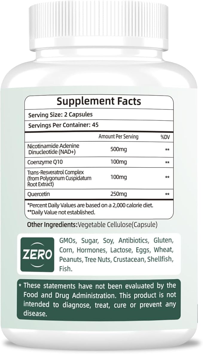 NAD Supplement 500mg, Pure Organic NAD+ Supplement for Women & Men, NAD+ with Trans-Resveratrol & CoQ10 & Quercetin for Cellular Energy & Healthy Aging, NMN Alternative (90 Vegan Caps)