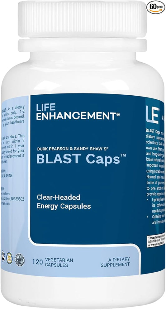 Life Enhancement Blast Caps, 60 Capsules - Energy and Focus Supplement - Nootropics Brain Support Supplement with B12, Niacin, Caffeine, Taurine, Phenylalanine, Vitamin C, & More