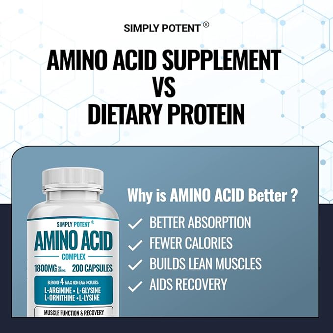 Simply Potent Amino Acid Complex 1800mg 200 Capsules, Blend of 4 Essential and Non Essential Amino Acids, Includes L-Arginine 550mg, L-Ornithine 500mg, L-Glysine 400mg & L-Lysine 350mg for Muscle