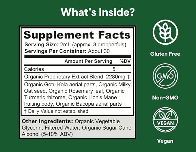 Leefy Organics IQ - Lions Mane Extract Liquid Nootropic Supplement with Bacopa and More - Mushroom Extract - Supports Memory, Focus, Clarity and Cognitive Health - 2 fl oz Dropper Bottle