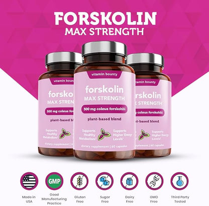 Vitamin Bounty Forskolin Maximum Strength for Weight Loss - Natural Coleus Forskohlii Root Extract Supplement - 20% Standardized Forskolin Powder - Weight Management Support - 60 Capsules