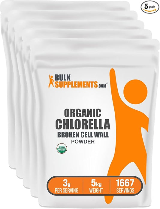 BulkSupplements.com Organic Chlorella Powder - Broken Cell Wall, Green Superfood Powder, Chlorella Supplement - Gluten Free, 3g per Serving, 5kg (11 lbs) (Pack of 5)
