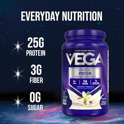 Vega Original Essential Protein - 25g Plant-Based Protein, Creamy Vanilla, 20 Servings, Vegan Non-GMO Drink Mix, Smoothie & Shake Ready, Gluten Free, Dairy Free, 32.5oz (Packaging May Vary)