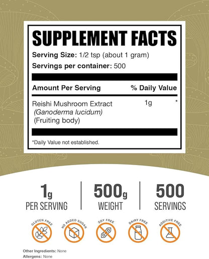 BulkSupplements.com Reishi Mushroom Extract Powder - Reishi Mushroom Powder, Supplement for Overall Well-Being - Gluten Free, 1g per Serving, 500g (1.1 lbs) (Pack of 1)