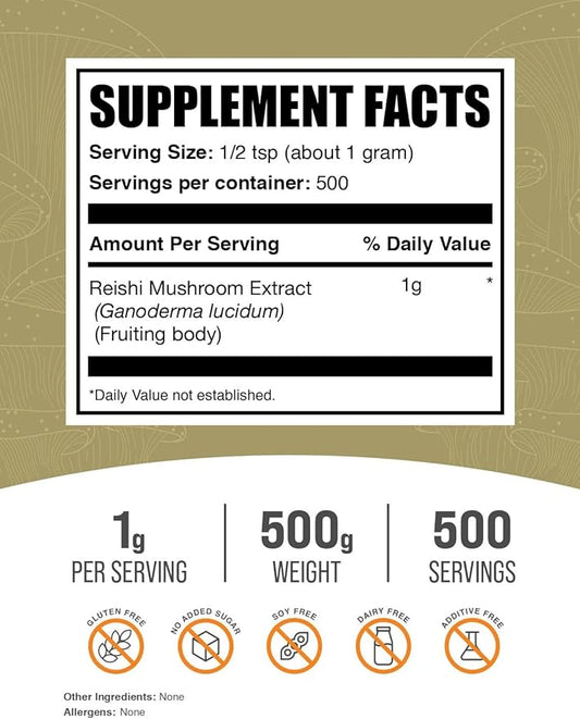 BulkSupplements.com Reishi Mushroom Extract Powder - Reishi Mushroom Powder, Supplement for Overall Well-Being - Gluten Free, 1g per Serving, 500g (1.1 lbs) (Pack of 1)