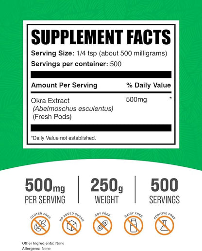 BulkSupplements.com Okra Extract Powder - Okra Supplement, Source of Fiber, Herbal Supplement - Vegan & Gluten Free, 500mg per Serving, 250g (8.8 oz) (Pack of 1)