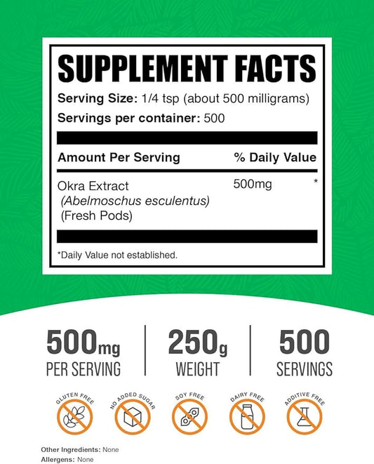 BulkSupplements.com Okra Extract Powder - Okra Supplement, Source of Fiber, Herbal Supplement - Vegan & Gluten Free, 500mg per Serving, 250g (8.8 oz) (Pack of 1)