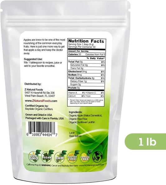 Z Natural Foods Organic Apple Powder, Superfood Powder for Digestive Support and Energy Boost, Ideal for Juice, Smoothies, and Recipes, Non-GMO, Vegan, Gluten-Free, Kosher, 1 lb.