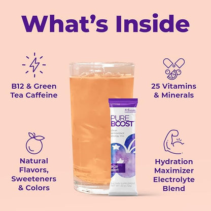 Pureboost Clean Energy Booster, Refreshing Energy Drink Mix with B12 Vitamins, Electrolytes, Antioxidants, Sugar-Free with No Sucralose (Acai Alert, 30 Count)