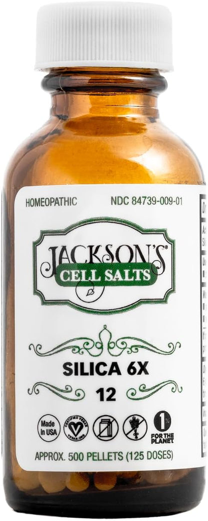 Jackson’s #12 Cell Salt Silica 6X (500 Pellet Bottle) - Certified Vegan, Lactose-Free Schuessler Tissue Salt Silicea 6X (Made in The USA)