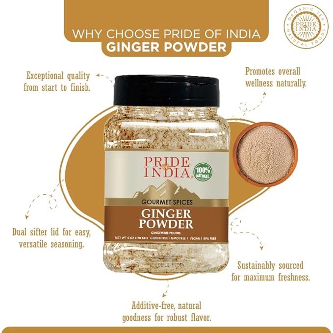 Pride of India | Ginger Fine Ground 6 oz (170 gm) Medium Dual Sifter Bottle | Finely Powdered for Easy Mixing | Perfect for Cookies, Chicken Stir-Fry, Soups, Marinades, Muffins| Fresh Root Powder | Vegan, Gluten-Free, Non-Bioengineered