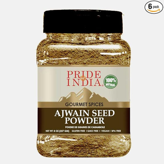 Pride of India - PACK of 6 - Ajwain Seed Powder – Gourmet Indian Spice – Made from Fresh Carom Seeds – Rich in Nutrients – Aromatic & Flavorful – Easy to Use - 8oz. Medium Dual Sifter Jar