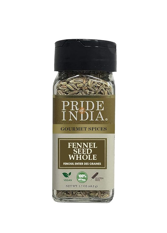 Pride of India – Fennel Seed Whole – Gourmet Spice – Fresh & Aromatic – Mouth Freshener – GMO/Gluten Free – Flavoring for bakes, meat & more – Easy to Use – 1.7 oz. Small Dual Sifter Bottle