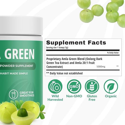 Amla Powder & Green Tea Superfood Supplement with Indian Gooseberries & Hibiscus, Organic, Vegan, 30 Servings