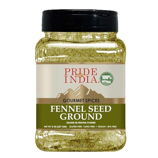 Pride Of India – Fennel Seed Ground – Natural & Gourmet Spice – Perfect Addition to Tea/Drinks/ Roast/Rubs/Bakes/ - Cooling Properties – Easy to Store – 8 oz. Medium Dual Sifter Jar