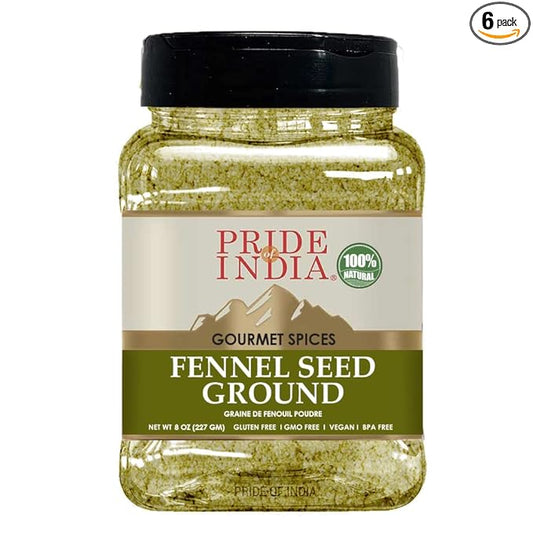 Pride Of India - PACK of 6 - Fennel Seed Ground – Natural & Gourmet Spice – Perfect Addition to Tea/Drinks/Roast/Rubs/Bakes/ - Cooling Properties – Easy to Store – 8 oz. Medium Dual Sifter Jar