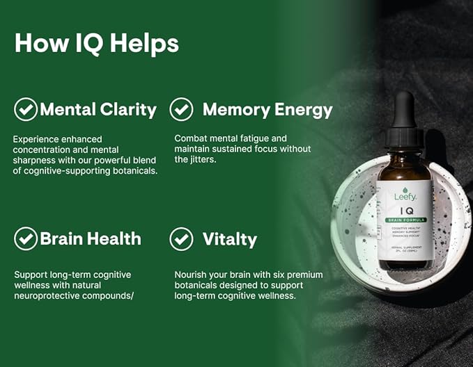 Leefy Organics IQ - Lions Mane Extract Liquid Nootropic Supplement with Bacopa and More - Mushroom Extract - Supports Memory, Focus, Clarity and Cognitive Health - 2 fl oz Dropper Bottle